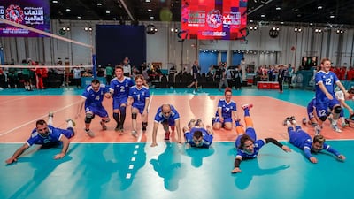 Gymnastics at ADNEC. Volleyball: Italy vs Sudan. The Italian team does the leap of victory after beating Sudan.