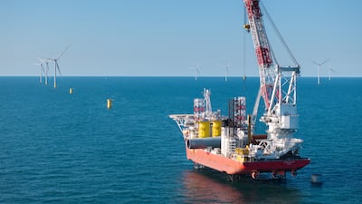 Foundation installation has been completed at East Anglia Three off the English coast. Photo: Masdar