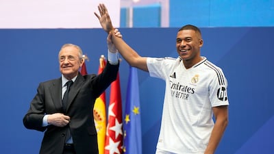 Real Madrid President Florentino Perez presents Kylian Mbappe to fans. AP