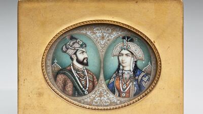 17th-century Mughal emperor Shah Jahan and empress Mumtaz Mahal (19th century, gold/ivory). Courtesy Newark Museum