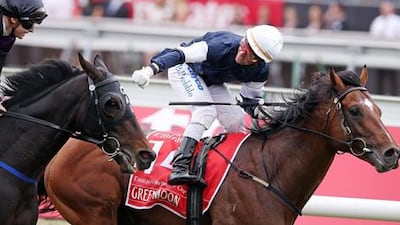 Brett Prebble pilots home Green Moon to win the 2012 Melbourne Cup