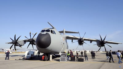 An Airbus A400M military transport plane. Germany's defence minister was forced to make new travel arrangements after the new A400M she was due to take on her first foreign trip in the aircraft broke down. Bertrand Guay / AFP