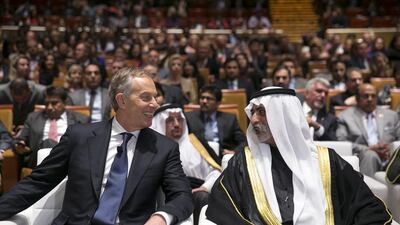 Former UK Prime Minister Tony Blair and Sheikh Nahayan bin Mubarak, the Minister of Youth, Culture and Community Development, talk at the official opening of the Global Education and Skills Forum opening ceremony on Saturday evening. Silvia Razgova / The National / March 15, 2015