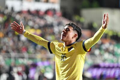Ecuador's midfielder Kendry Paez celebrates after scoring during the 2026 FIFA World Cup South American qualification football match between Bolivia and Ecuador at the Hernando Siles stadium in La Paz, on October 12, 2023. (Photo by AIZAR RALDES / AFP)