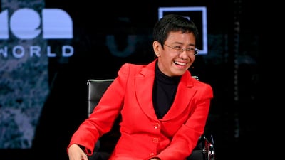 Ressa speaks at the 10th Women In The World summit in New York in April 2019. Getty