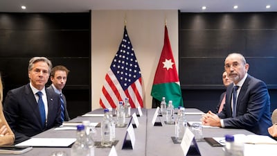 US Secretary of State Antony Blinken, left, held talks with Jordanian counterpart Ayman Safadi as part of a round of meetings with Arab representatives in London. AFP