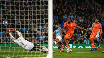Manchester City's Sergio Aguero fails to score during their Uefa Champions League match against Lyon at the Etihad Stadium. AP Photo