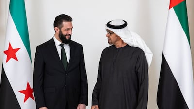 President Sheikh Mohamed with Syria's President Ahmad Al Shara. Ryan Carter / UAE Presidential Court