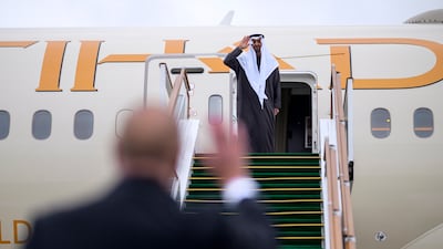 President Sheikh Mohamed waves goodbye to President Ilham Aliyev at the end of his visit to Azerbaijan. Omar Al Askar / UAE Presidential Court