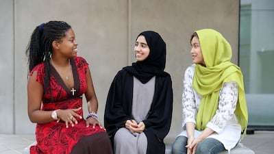 Gabi Branche from Trinidad and Tobago, Al Reem Al Hosani from the UAE and Maryam Khalili from Afghanistan meet as they begin their first year at New York University of Abu Dhabi (NYUAD). The university is attracting students from an increasingly diverse list of countries. Pawan Singh / The National