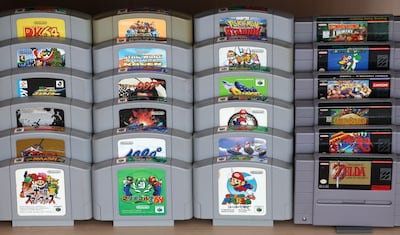 Retro Nintendo cartridges from the 1990s form part of Emirati collector Omar Al Hashmi’s 800-game archive. Chris Whiteoak / The National