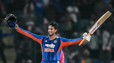India's Abhishek Sharma celebrates after scoring a century during the third T20 against Afghanistan at the Arun Jaitley Stadium in New Delhi. AFP