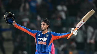 India's Abhishek Sharma celebrates after scoring a century during the third T20 against Afghanistan at the Arun Jaitley Stadium in New Delhi. AFP
