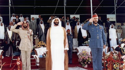 Sheikh Zayed attending a graduation ceremony for Air Academy students at Al Dhafra air base in 1987. That year, the UAE Founding Father marked 21 years as Ruler of Abu Dhabi and 15 years as the country’s President. Courtesy: National Archives