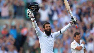 England's Moeen Ali celebrates scoring a century against Pakistan during the first day of their fourth Test. (AFP)