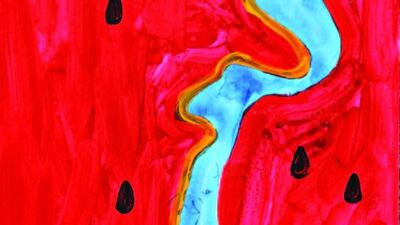 The Comparative Journey, The Watermelon Series (2013) by Abdullah Al Saadi. Acrylic on paper, dimensions variable. Installation view. Image courtesy of Sharjah Art Foundation.