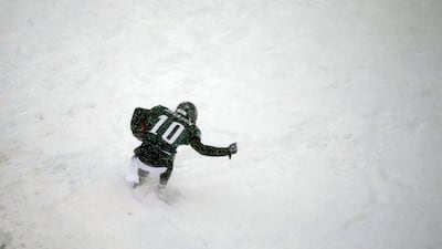 The Eagles' DeSean Jackson stands in the snow after scoring a touchdown in Philadelphia. Matt Rourke / AP
