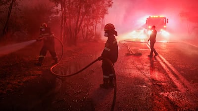 Firefighters try to extinguish a wildfire burning in Dionysos, Greece. Reuters