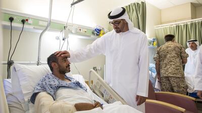 The Crown Prince of Abu Dhabi visits a soldier injured while serving the UAE Armed Forces in Yemen.