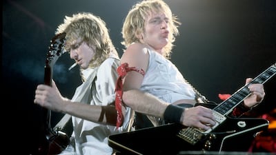 Phil Collen, left, and the late Steve Clark in Rochester, New York in 1983. Getty Images