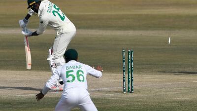 South Africa's Kagiso Rabada is bowled by Pakistan's Shaheen Afridi. AFP