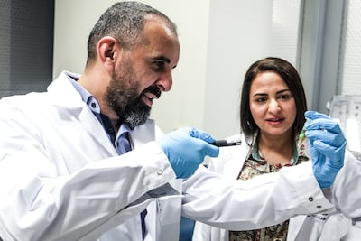 Dr Farah Benyettou with Prof Ali Trabolsi, who said: 'When you’re able to inject a drug and follow it, it gives a better chance to cure the disease.' Photo: NYUAD