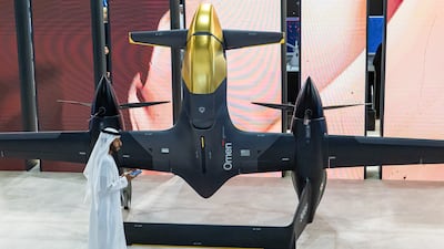 An Omen hybrid-electric vertical takeoff and landing drone, developed by the UAE's Edge and US company Anduril, at the recent Dubai Airshow. Bloomberg
