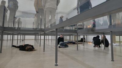 An installation by Anne Imhof is seen at the Pavilion of Germany, during a preview of the 57th International Art Exhibition, in Venice, Italy, Tuesday, May 9, 2017. Andrea Merola / ANSA via AP