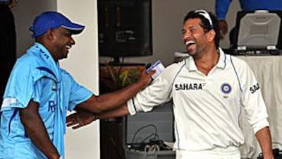 Tendulkar shares a laugh with Sanath Jayasuriya at the Brabourne Stadium.