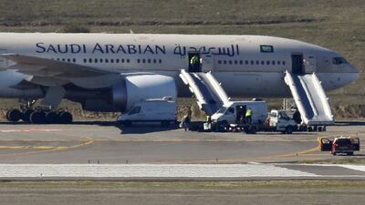 Saudi Arabian Airlines flight SVA 226 being isolated on the tarmac at the Barajas airport in Madrid, Spain on February 4, 2016 after its passengers and crew were evacuated following a bomb threat. Sergio Perez / Reuters