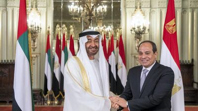 Sheikh Mohamed stands with President Sisi. Rashed Al Mansoori / Ministry of Presidential Affairs