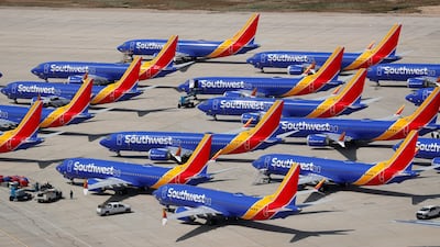 Southwest Airlines has its headquarters in Texas. Here, several of its Boeing 737 Max 8 aircraft are shown parked at Victorville Airport in California