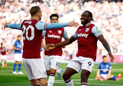 West Ham United's Michail Antonio celebrates with Jarrod Bowen after scoring his first goal in the 4-1 win against Ipswich Town on October 5. Reuters