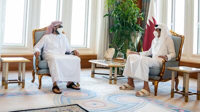 Sheikh Tahnoun bin Zayed, the UAE's National Security Adviser, meets Sheikh Tamim bin Hamad Al Thani, Emir of Qatar, in Doha. Wam
