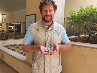Winston Cowie, marine policy manager for Environment Agency Abu Dhabi (EAD) with the hooks and fishing line removed from the whale shark's fin. Courtesy: EAD