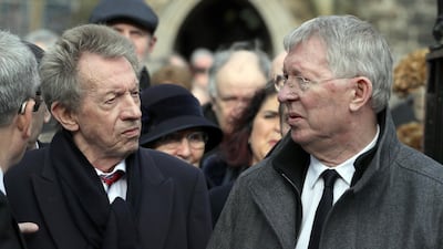 Denis Law and Sir Alex Ferguson outside St Patrick's Parish Church, Coleraine after the funeral of former Manchester United and Northern Ireland goalkeeper Harry Gregg. Getty