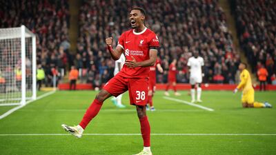 Ryan Gravenberch of Liverpool celebrates scoring. EPA