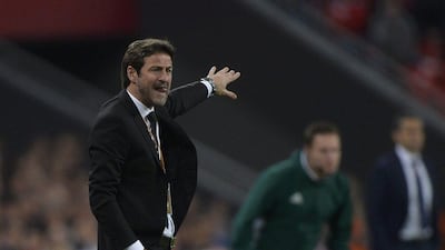 Apoel Nicosia's manager Thomas Christiansen gestures during a Europa League match against Athletic Bilbao. Vincent West / Reuters