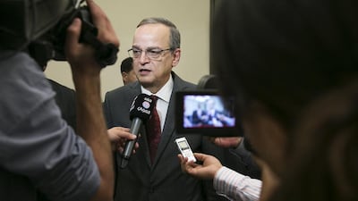 Hadi Al Bahra, chairman of the National Coalition for Syrian Revolutionary and Opposition Forces, met senior UAE officials responsible for dealing with the Syrian conflict, including Dr Anwar Gargash, Minister of State for Foreign Affairs. Mona Al-Marzooqi/ The National