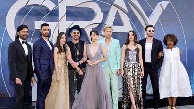 The cast of 'The Gray Man' at the Hollywood premiere. From left, Dhanush, Rege-Jean Page, Julia Butters, Billy Bob Thornton, Jessica Henwick, Ryan Gosling, Ana de Armas, Chris Evans and Alfre Woodard. AFP