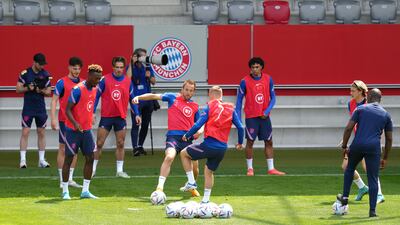 England's Harry Kane and Jarrod Bowen with team-mates during a training session at the FC Bayern Campus. PA