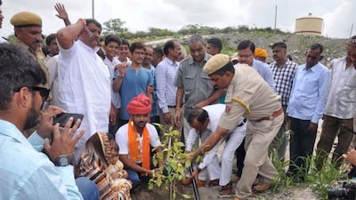 GC Bhupendra and Santosh Paliwal plant trees to celebrate the birth of their daughter Muskaan. Bhupendra Paliwal