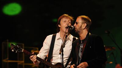 Paul McCartney and Ringo Starr performing. Kevin Mazur / MPL / WireImage for David Lynch Foundation / Getty Images