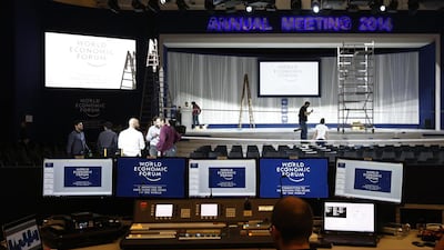 World Economic Forum logos (WEF) sit on the screens of TV producer's computers in an auditorium inside the Congress Centre ahead of the World Economic Forum (WEF) in Davos, Switzerland. Simon Dawson /Bloomberg