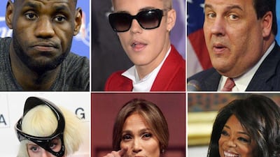 Cockwise from upper right: NBA player Lebron James, Singer Justin Bieber, New Jersey Governor Chris Christie, media proprietor Oprah Winfrey, singer Jennifer Lopez and singer Lady Gaga. These are just a handful of celebrities who have taken the "ALS Ice Bucket Challenge. AFP