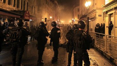 Police are seen during clashes with protesters in Corte on the French Mediterranean island of Corsica on February 16, 2016. French club Bastia have "categorically refused" an order by the French Professional League (LFP) to advance the kick-off time of their Ligue 1 game against Nantes on February 20 amid security fears in Corsica. (AFP)