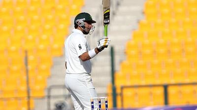 Misbah-ul-Haq pictured in 2014 after scoring a century against Sri Lanka inside an empty Sheikh Zayed Stadium in Abu Dhabi. Satish Kumar / The National