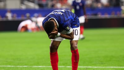 France forward Kylian Mbappe shows his disappointment during the semi-final defeat to Spain. AFP
