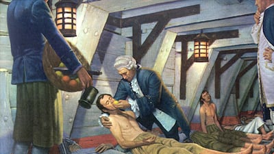 In 1747, Dr James Lind tested several scurvy treatments on crew members of the British naval ship Salisbury and discovered that lemons and oranges were most effective in treating the dreaded affliction. Courtesy Robert Thon, A History of Medicine in Pictures. Parke, Davis and Co, 1957