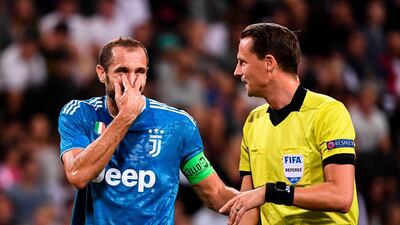 Juventus' defender Giorgio Chiellini reacts during the match in Sweden. AFP